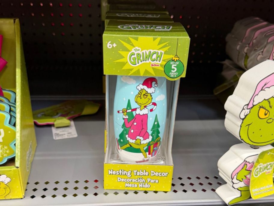 Dr. Seuss The Grinch 5‑Piece Nesting Table Top Set on shelf in store