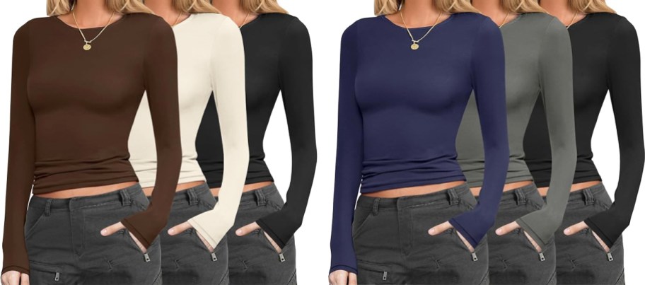 women modeling long sleeve shirts in various colors
