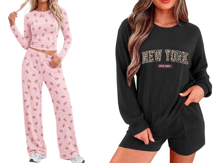 two women in pink and black pajama sets