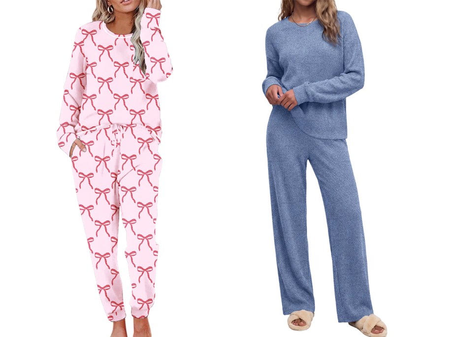 two women in pink and blue pajama sets