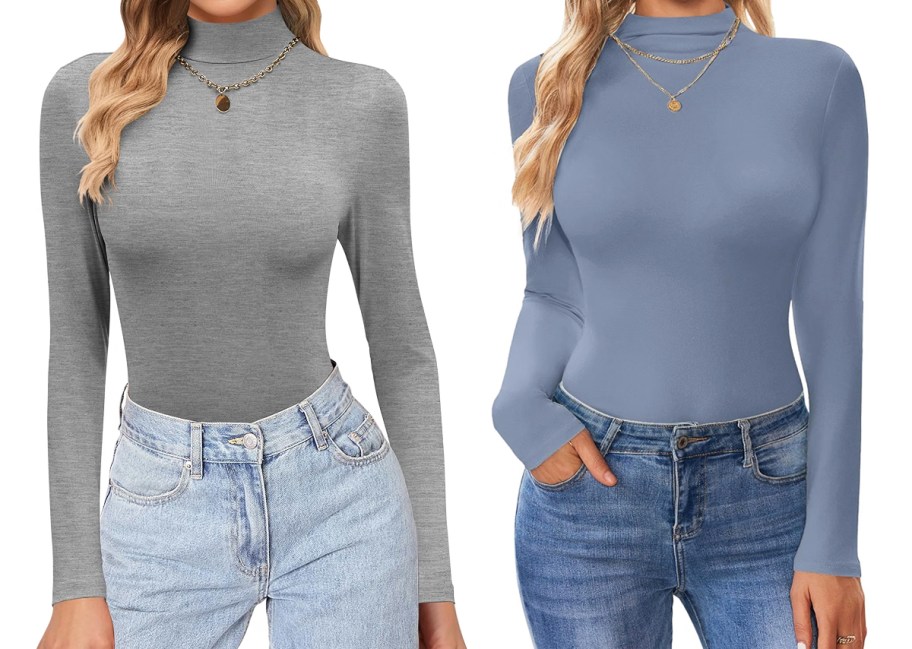 two women in grey and blue long sleeve turtleneck tops