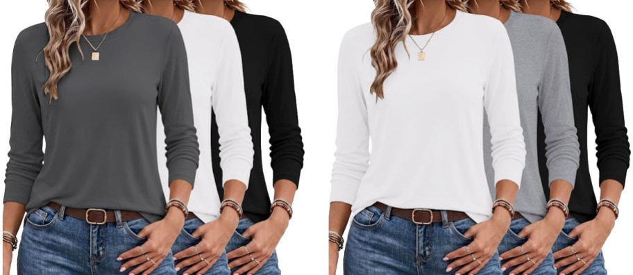 women modeling long sleeve shirts in various colors