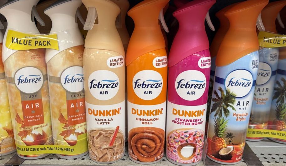 Febreze x dunkin sprays displayed at a Walmart store