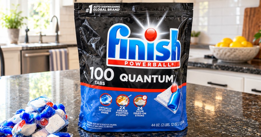 large bag of Finish Quantum Dishwasher Pods on a kitchen counter