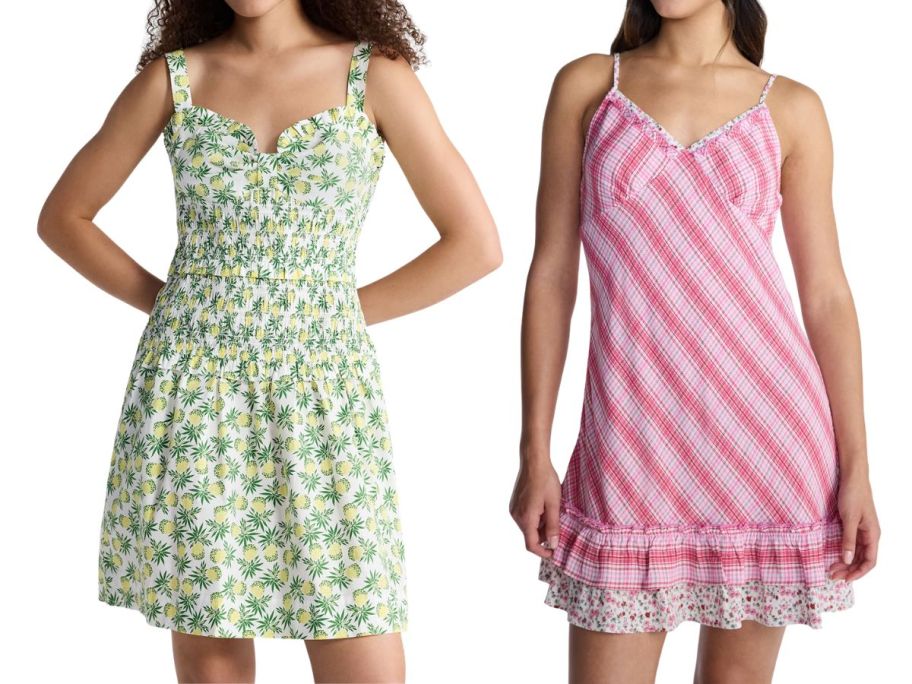 Free Assembly Women's Tiered Smocked Mini Dress and No Boundaries Twin Print Mini Dress