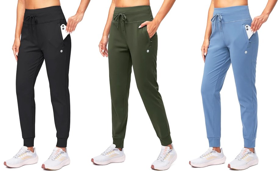 three women modeling black, green, and blue joggers