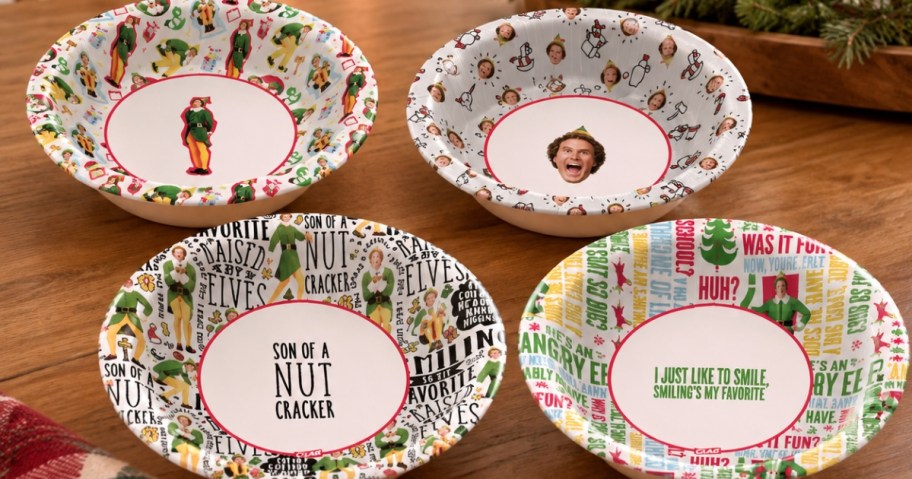 set of four elf movie themed glad paper bowls with faces and quotes on bowls