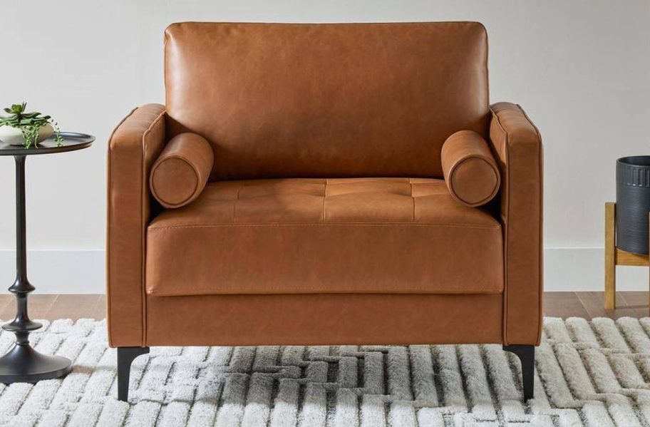 Goodwin Faux Leather Large Arm Chair in Caramel Brown with Bolster Pillows