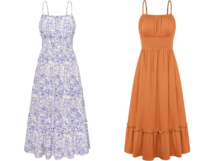 blue floral print and solid orange maxi dresses