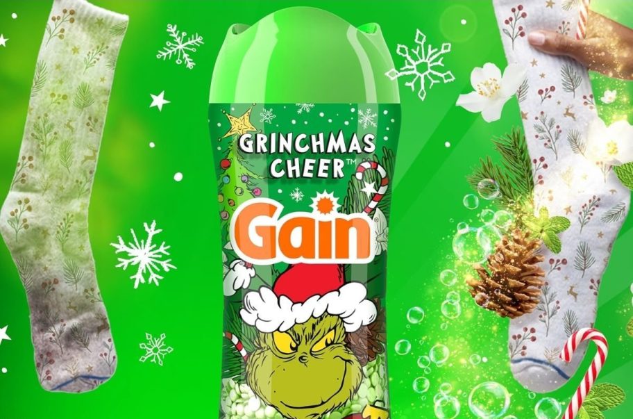 Gain Grinch In-Wash Scent Booster next to smelly socks
