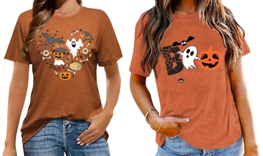 two women in orange halloween shirts
