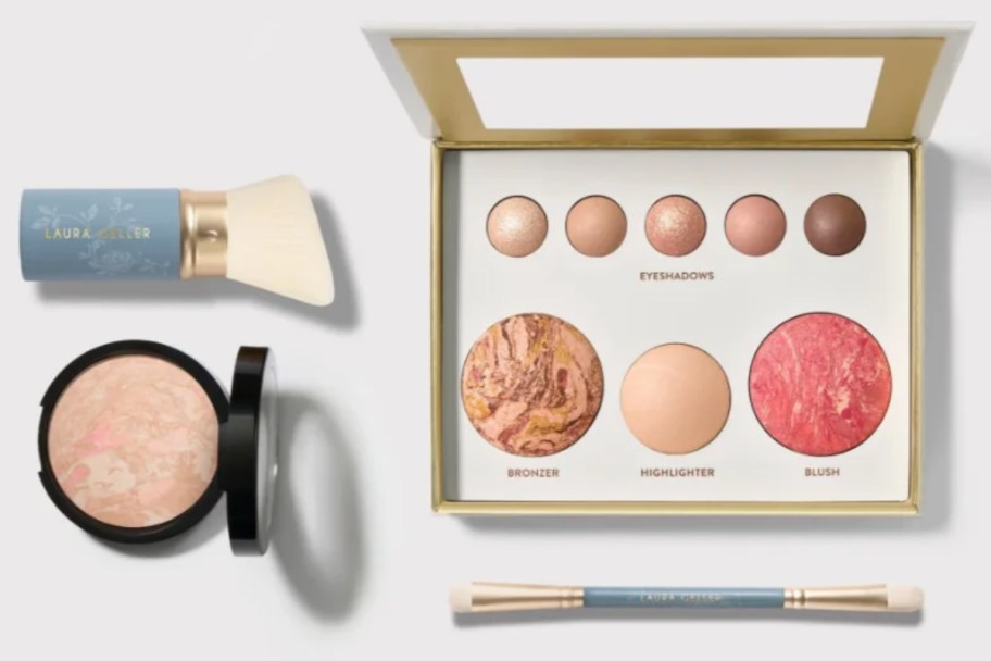 eyes face and cheek palette with foundation and 2 brushes