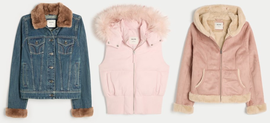 Hollister Women's Faux Fur Trim Denim Jacket, Faux Fur Trim Hooded Y2K Vest, Faux Fur-Lined Faux Shearling Hoodie Jacket