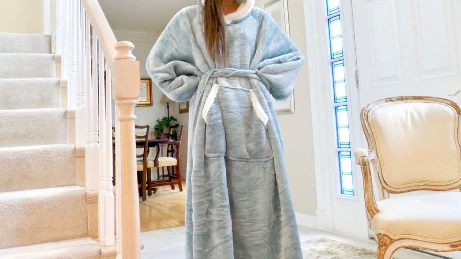 woman wearing a Hoodie blanket