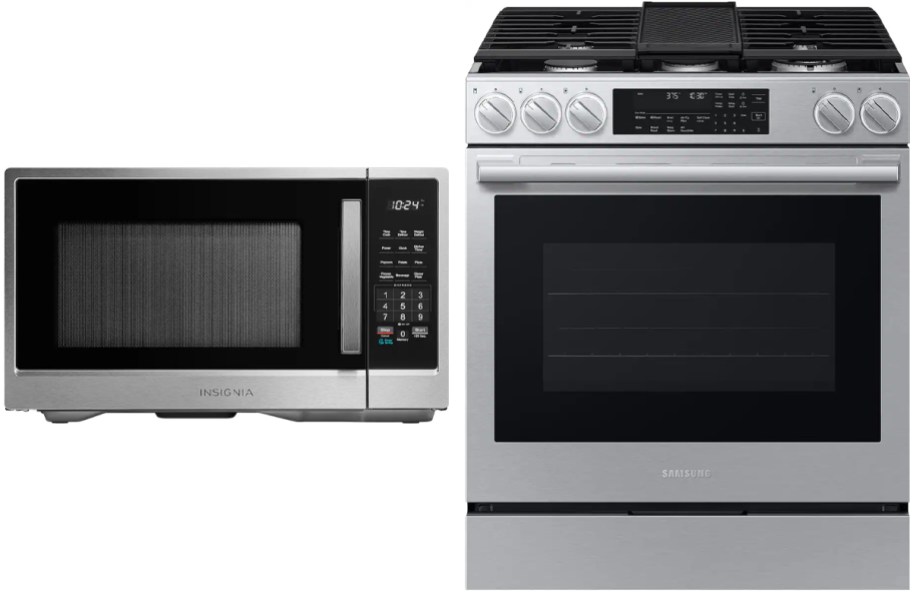 Insignia 1.1 Cu. Ft. Countertop Microwave and Samsung 6.3 Cu. Ft. Bespoke Smart Slide-In Gas Range