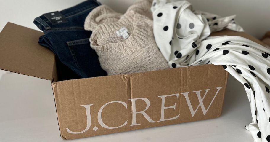 A J.Crew Shipping Box filled with women's clothing