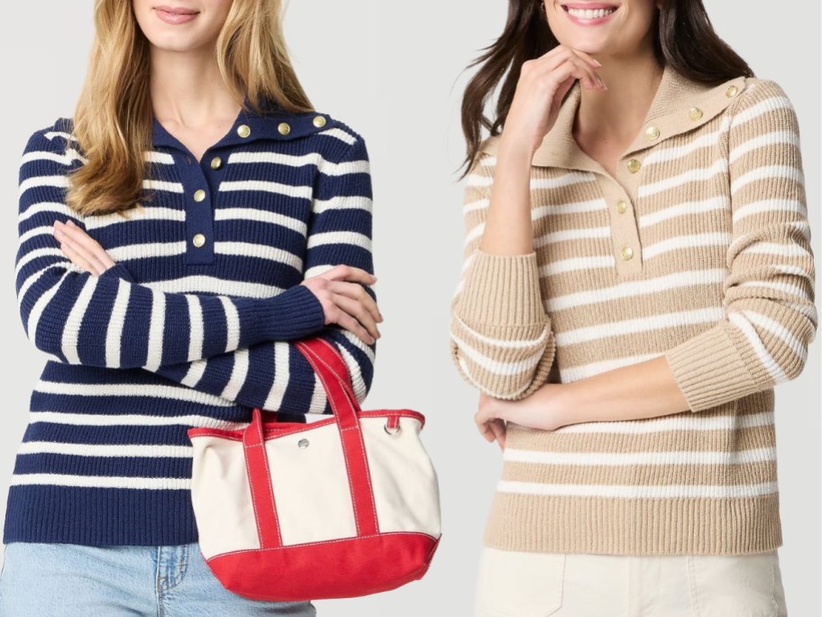 Stock images of two women wearing a J.Crew Striped Sweater