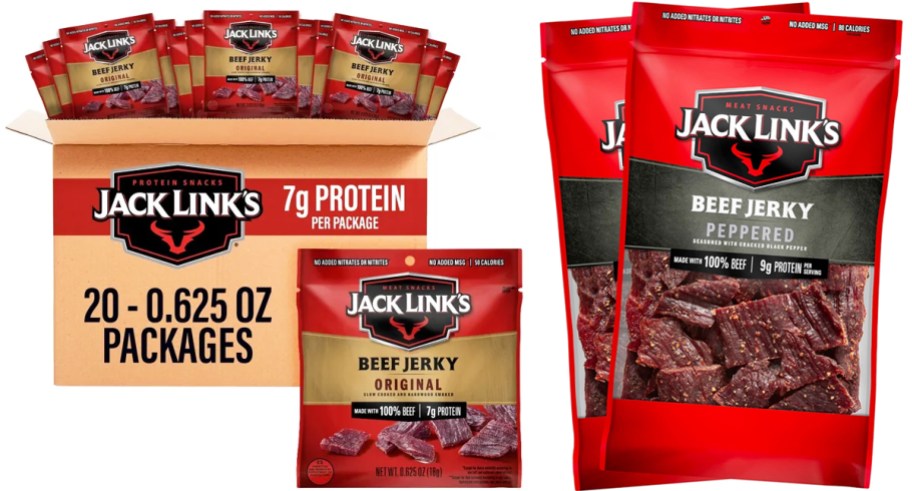 box of mini bags and two large bags of Jack Link's Beef Jerky