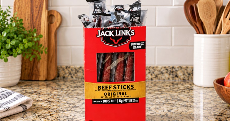 box of Jack Link's Beef Sticks on a kitchen counter