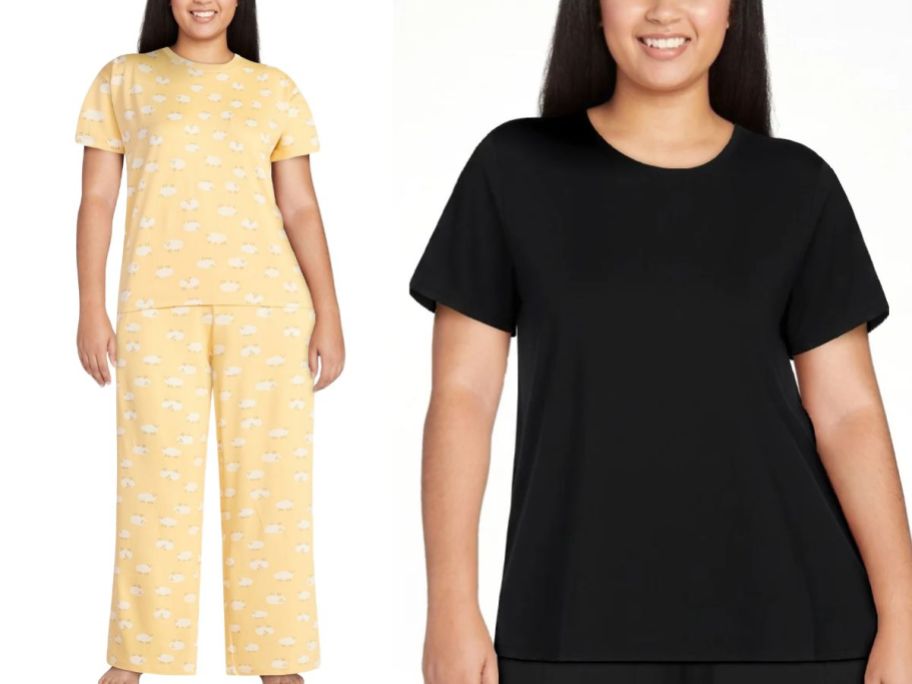 Joyspun Pajamas in yellow pajamas and black t-shirt