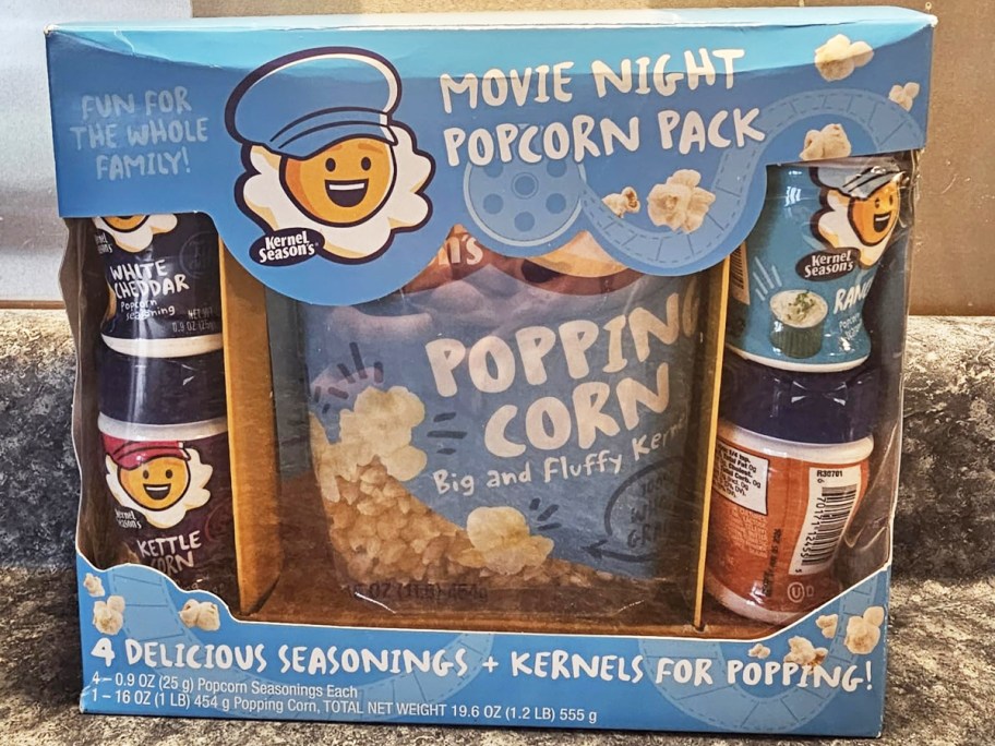 Kernel Season's Movie Night Popcorn Pack on a counter