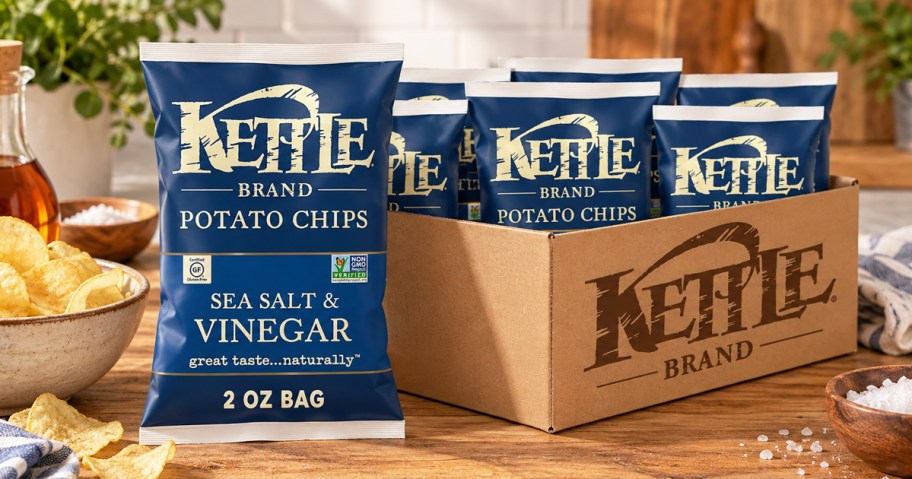 box of Kettle Salt & Vinegar Chips on a kitchen counter