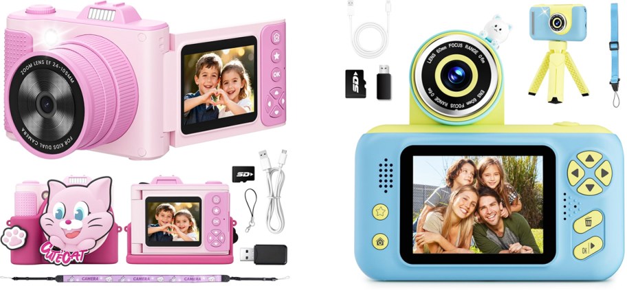 pink and blue Kids Digital Cameras with their accessories