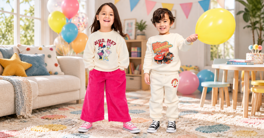 Kids&rsquo; wearing Old Navy Disney Clothes in a Birthday Playroom