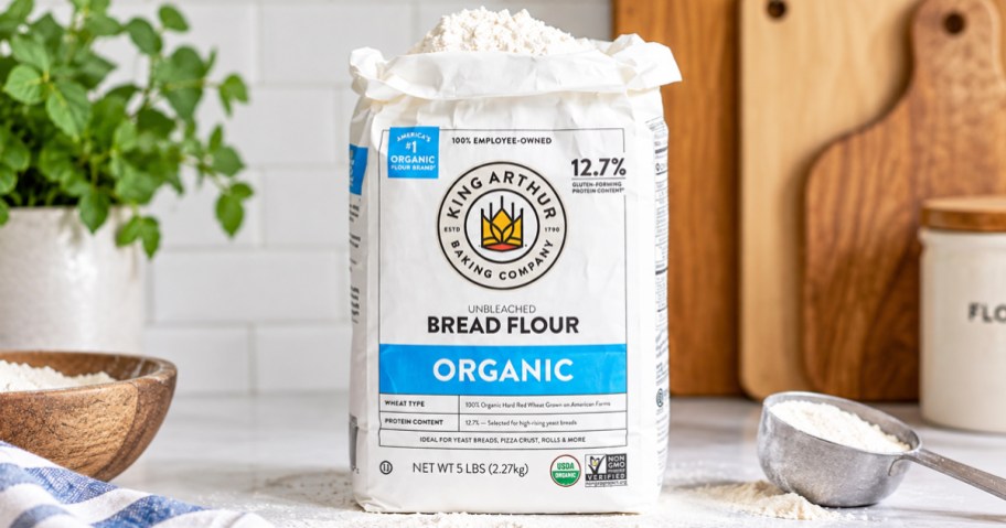 opened bag of King Arthur Flour on a counter