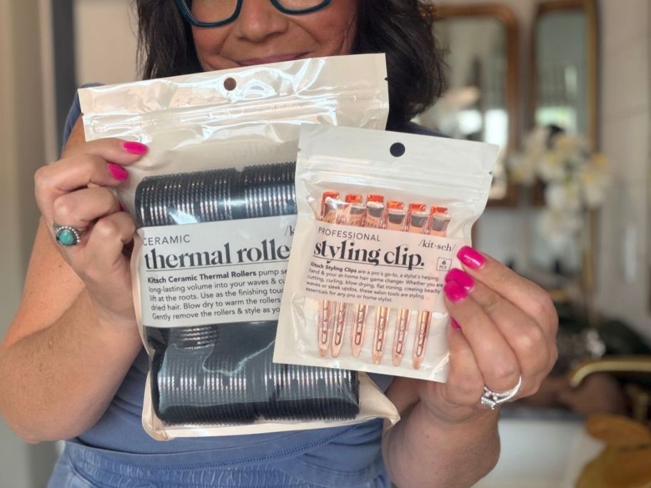 Lina holding Kitsch Hair Rollers + Styling Hair Clips Bundle