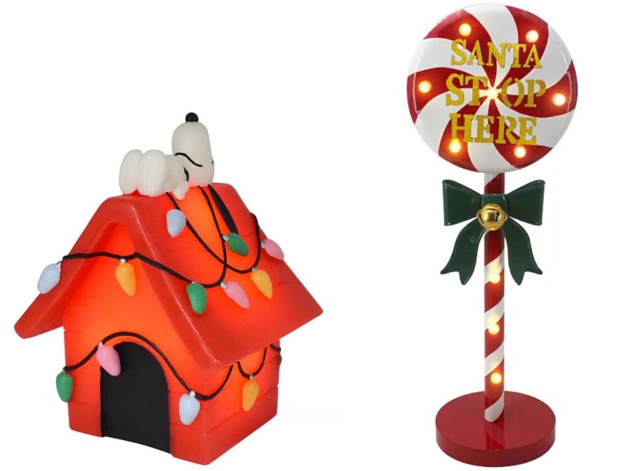 Stock images of Kohl's Christmas decor including a Snoopy Candle House and a Christmas Candy Shaped Santa stop Sign
