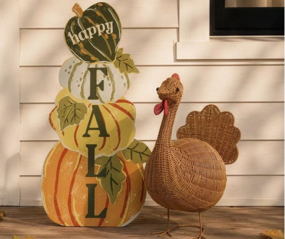 A Porch with a Fall Porch Leaner and Rattan Turkey Decoration on it