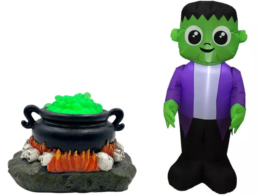 Stock images of two Kohl's Halloween Decor items including a bubbling cauldron and a frankenstein inflatable