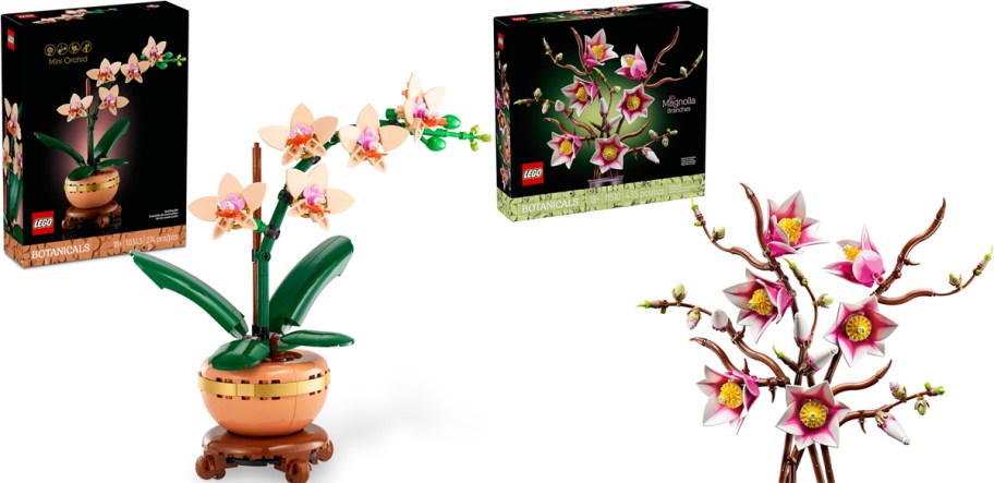 lego mini orchid and magnolia branches sets with their boxes