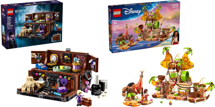 lego wednesday and disney moana sets with their boxes