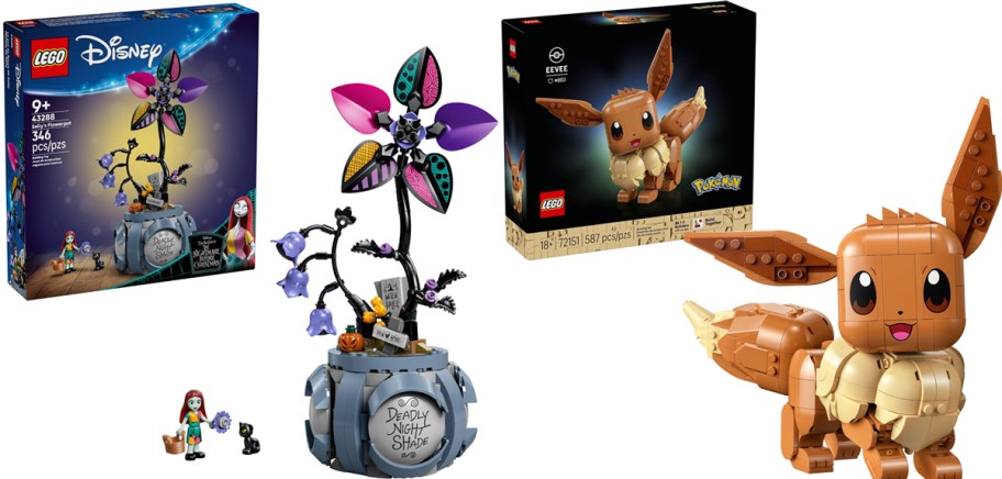 LEGO Disney Nightmare Before Christmas Sally's Flowerpot and Pok&eacute;mon Eevee sets with their boxes