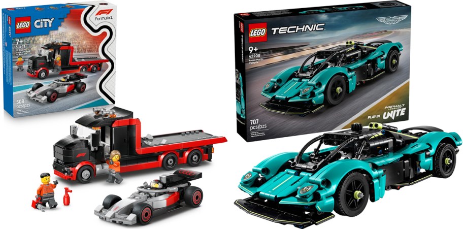 two lego car sets with their boxes