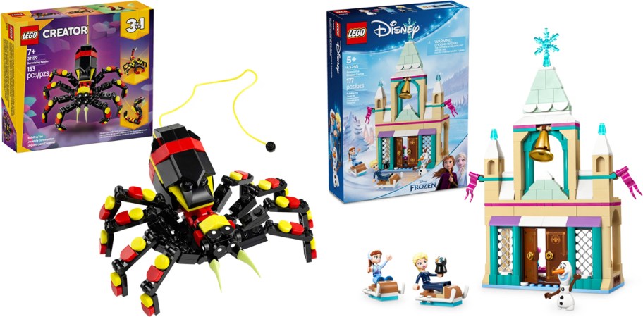lego spider and disney frozen castle sets with their boxes