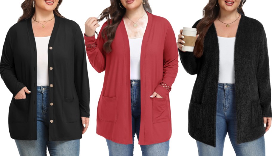 Three women's plus size cardigans shown side by side, featuring a black button-down cardigan with pockets on the left, an open-front red cardigan with lace cuff details in the middle, and a black fuzzy open-front cardigan on the right.