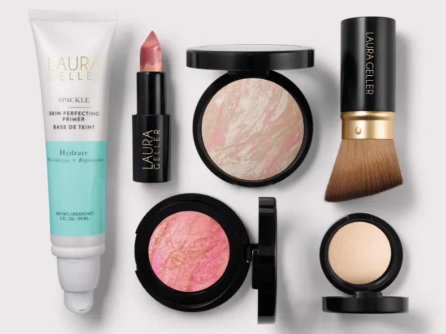 6 piece face kit with primer, lip stick, foundation, blush and highlighter.