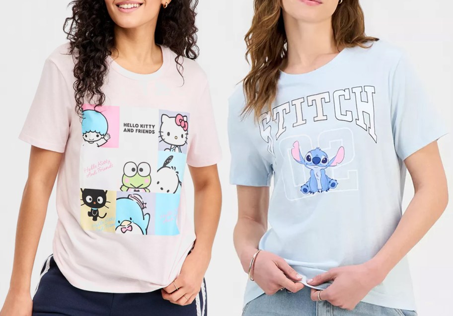 Love Tribe Juniors Hello Kitty Grid Crewneck Tee and Disney Juniors Stitch Graphic Varsity Tee