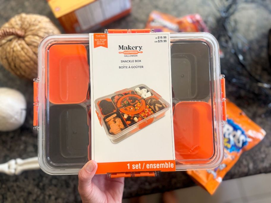 Makery Black & Orange Halloween Snackle Box in hand
