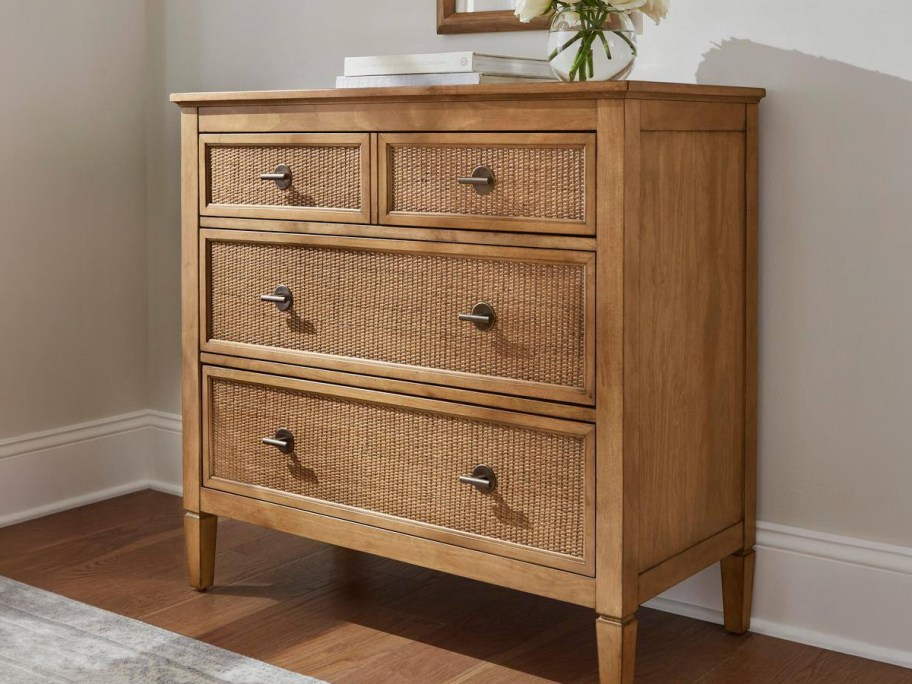 Marsden Patina Wood Finish 3-Drawer Rattan Cane Chest of Drawers