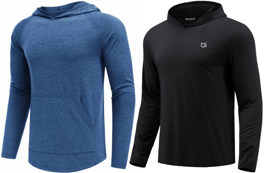 Two men's lightweight hoodies shown side by side, featuring a blue heathered hoodie with a front pocket on the left and a solid black hoodie with a small chest logo on the right.