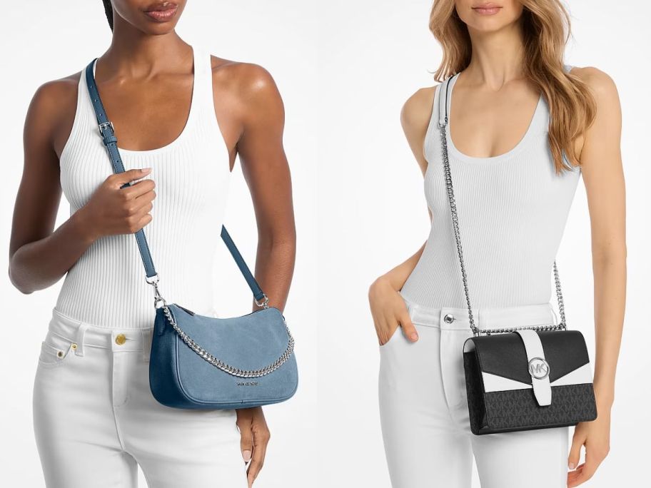 Stock images of two women wearing small Michael Kors Crossbody Bags