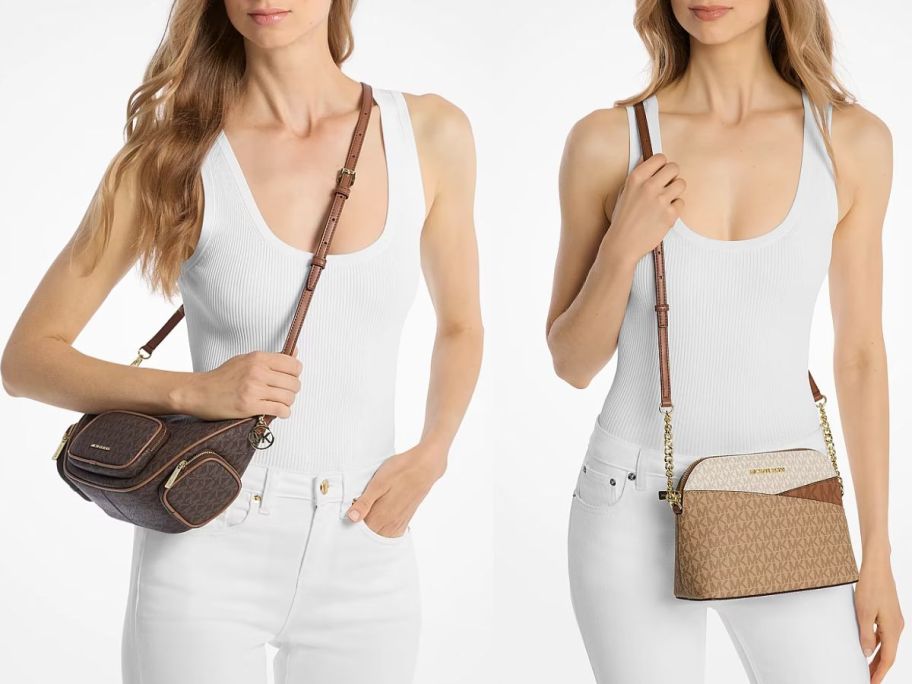 Stock images of two women wearing small Michael Kors Crossbody bags