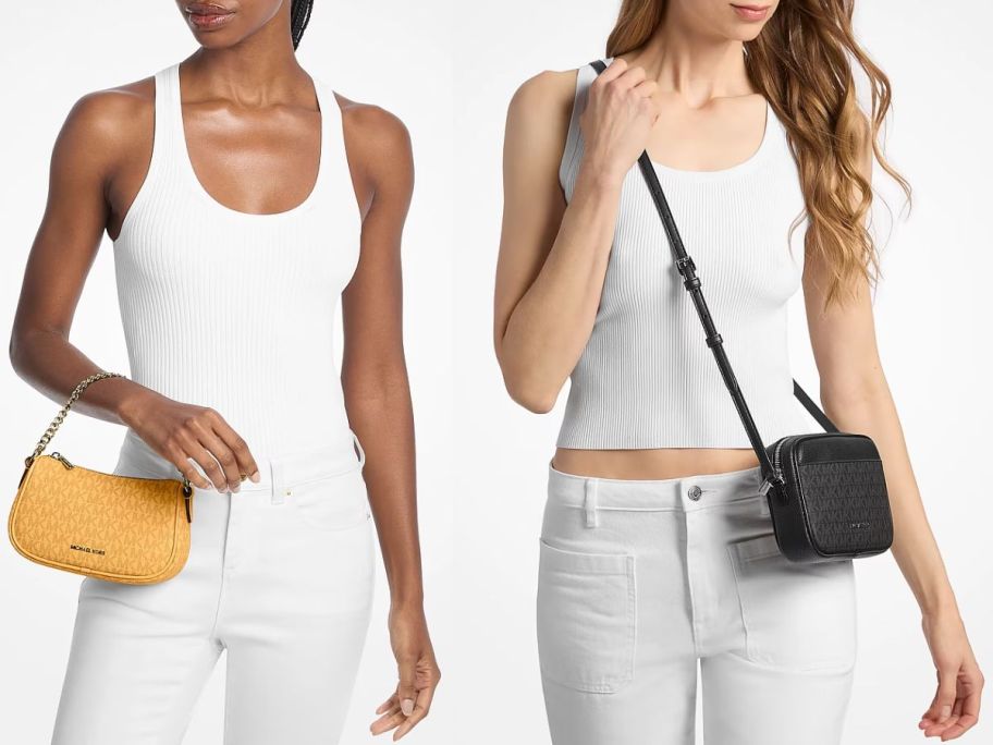 Stock images of two women wearing small Michael Kors crossbody bags