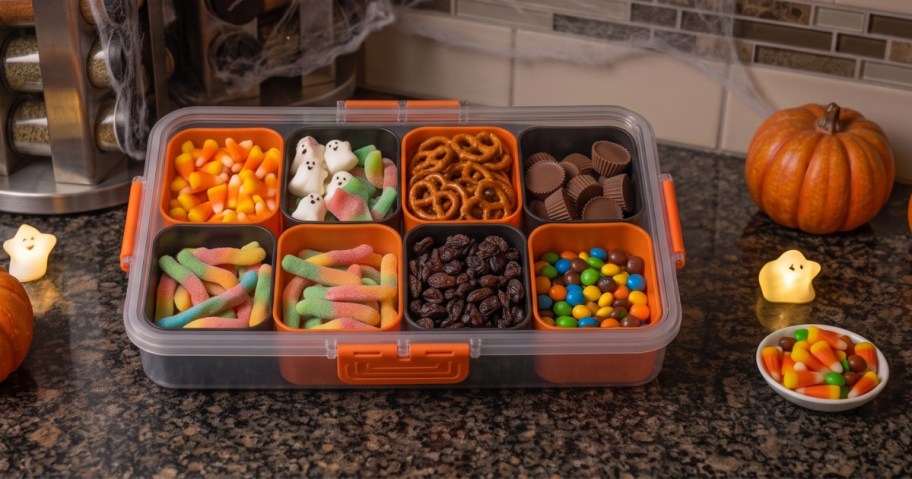 Clear Halloween snackle box filled with various trick-or-treat candies and pretzels on a kitchen counter.