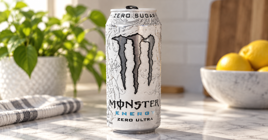 Monster Energy Zero Ultra energy drink can on a kitchen counter