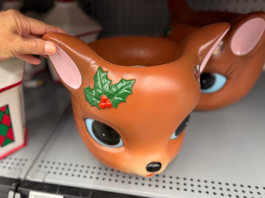 Reindeer candy bowl on gray store shelf